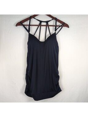 Athleta Aqualuxe Blousy Tankini Top Strappy Back Ruched Swim Shirt Women XS Blue